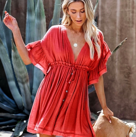 New Flowy Gauze Cover Up Mini Dress Deep Plunge Flutter Sleeve Summer Red - Picture 4 of 8